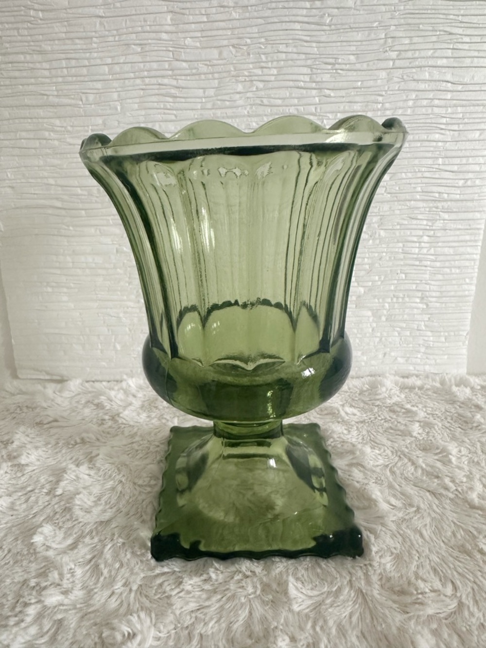 Vintage Indiana Glass Avocado Green Footed Vase